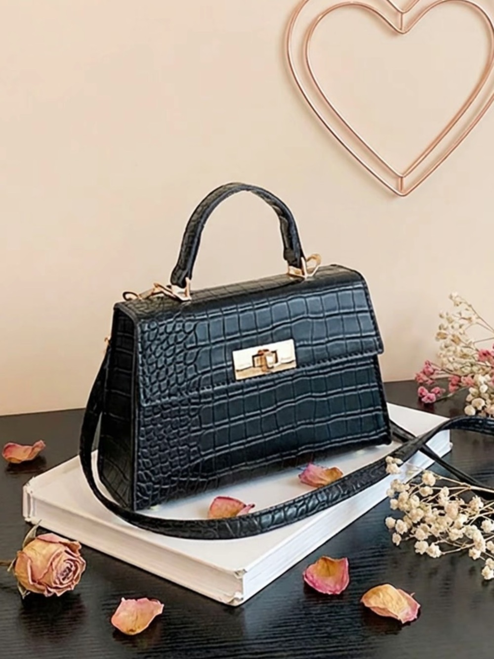 Croc-Embossed Black Top-Handle Satchel with Gold Hardware